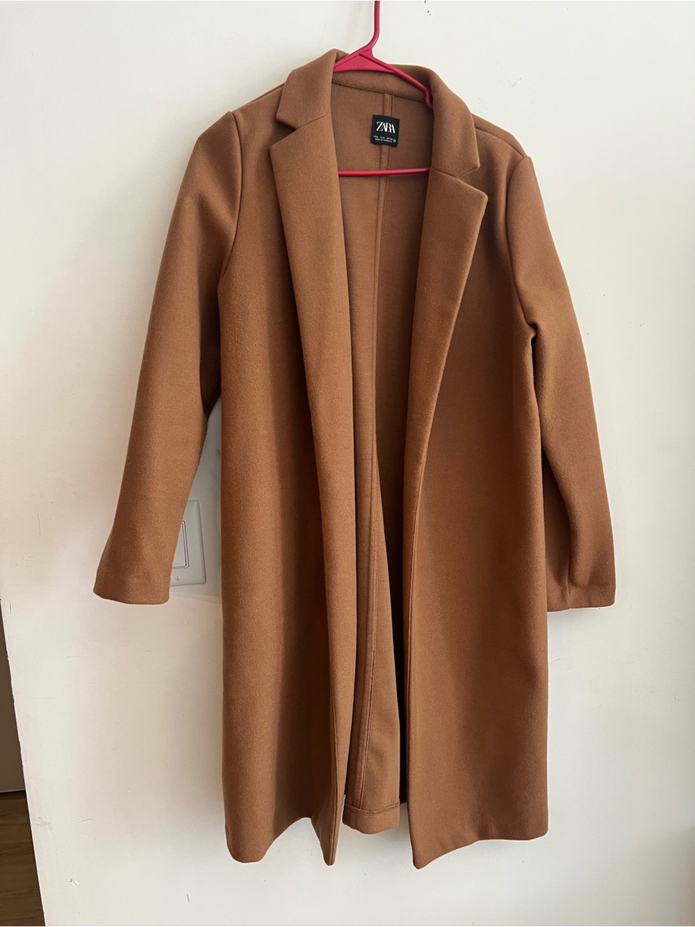 ZARA Women’s Camel Open Front Long Coat Jacket Size L Minimalist EU 40